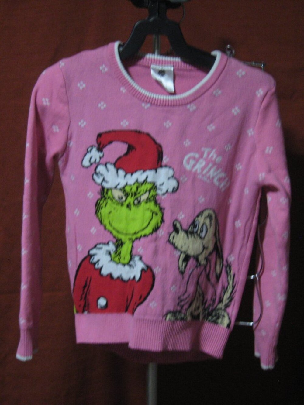 The Grinch & Max Holiday Snowflake Knit Crewneck Sweater Pink Size Large